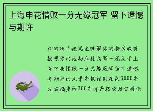 上海申花惜败一分无缘冠军 留下遗憾与期许
