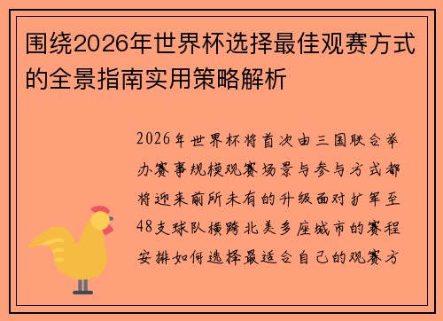 围绕2026年世界杯选择最佳观赛方式的全景指南实用策略解析 围绕2026年世界杯选择最佳观赛方式的全景指南实用策略解析