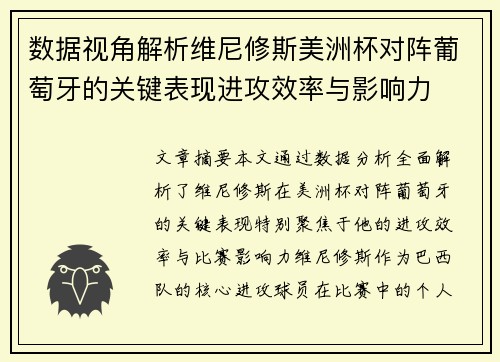 数据视角解析维尼修斯美洲杯对阵葡萄牙的关键表现进攻效率与影响力