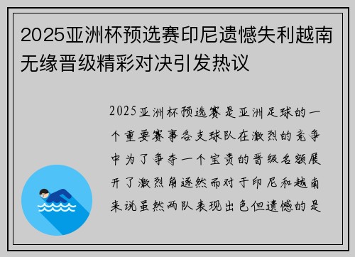 2025亚洲杯预选赛印尼遗憾失利越南无缘晋级精彩对决引发热议