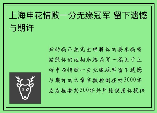 上海申花惜败一分无缘冠军 留下遗憾与期许